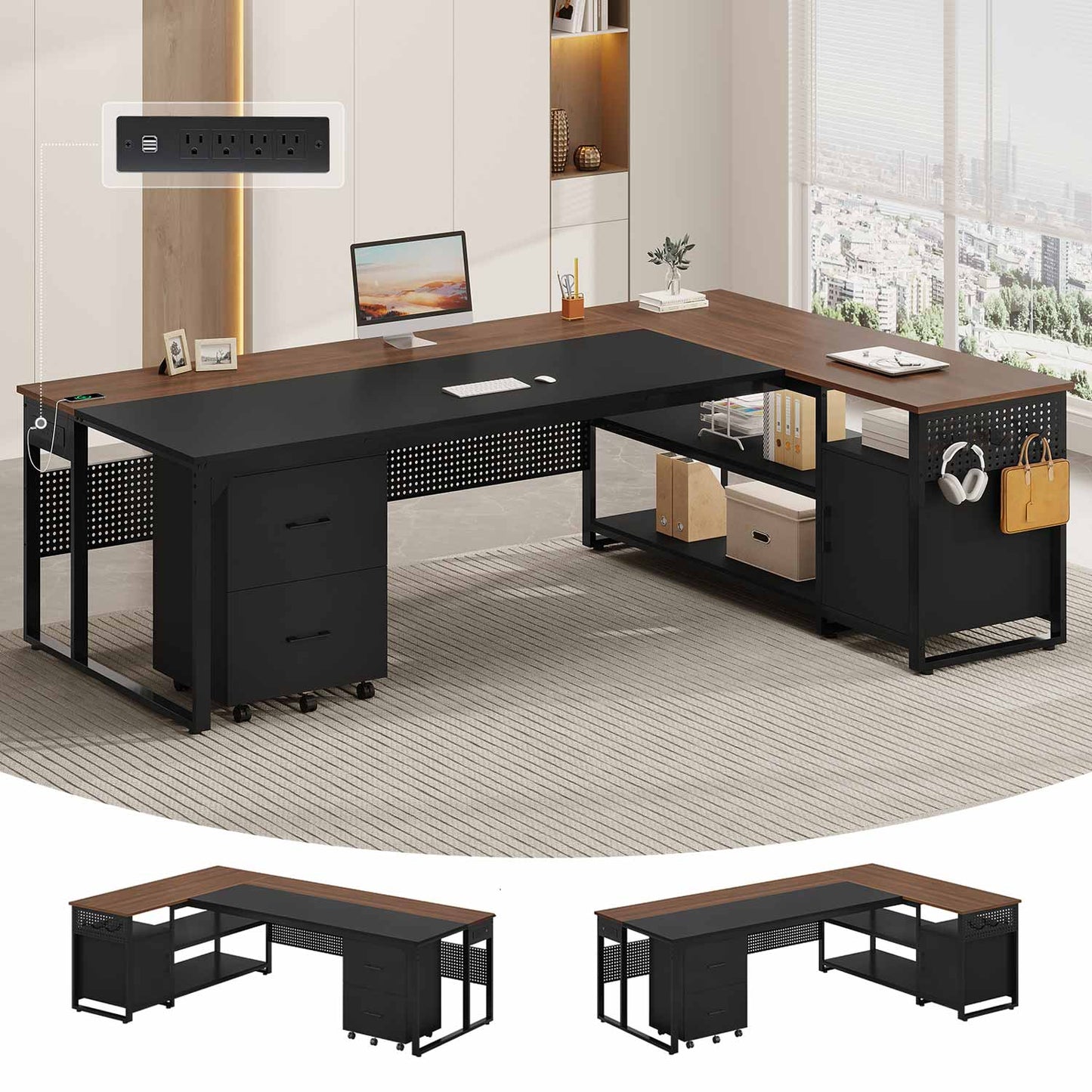 71" Reversible L Shaped Desk with Power Outlets Walnut