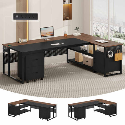 71" Reversible L Shaped Desk with Power Outlets Walnut