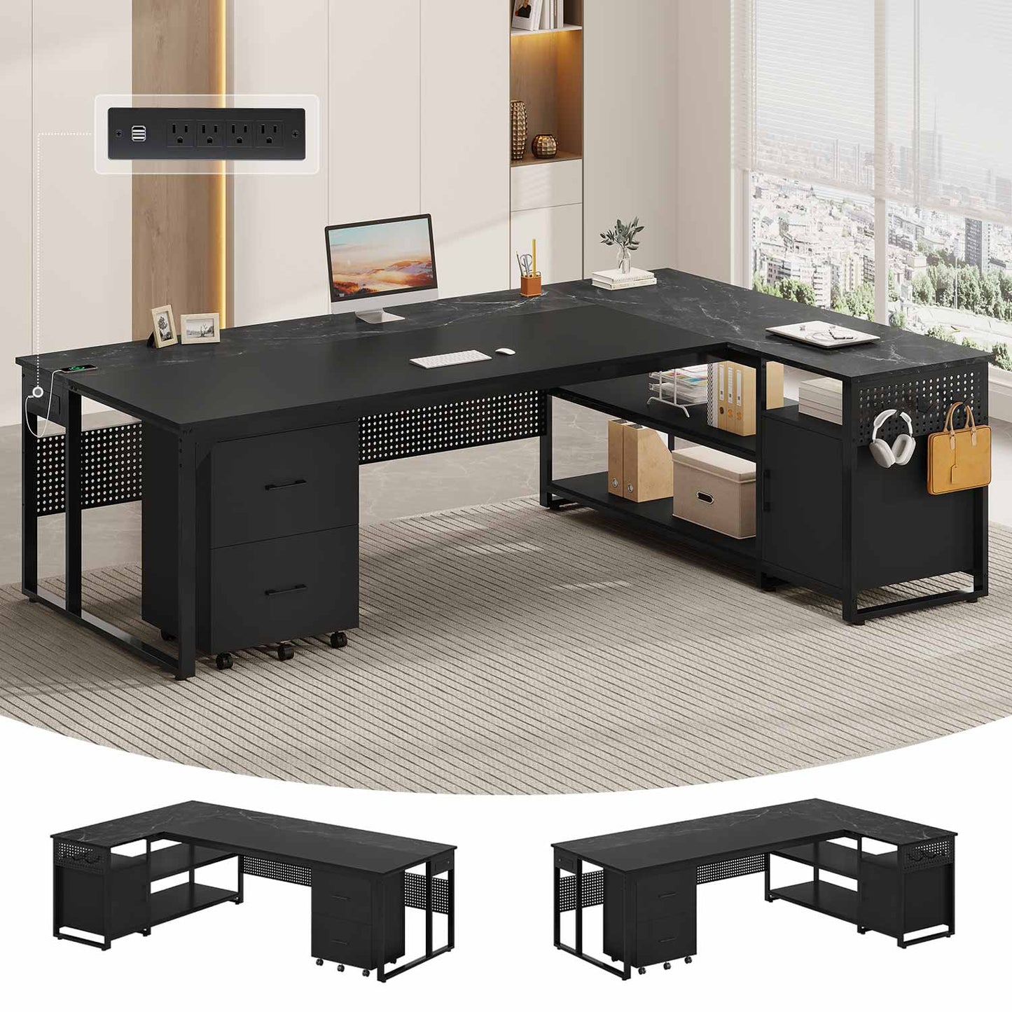 71" Reversible L Shaped Executive Desk with Power Outlets & Storage Shelves Black