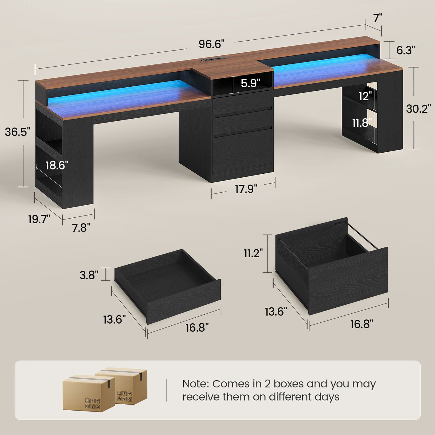 Two Person Computer Desk with LED Lights Power Outlet and Storage Black