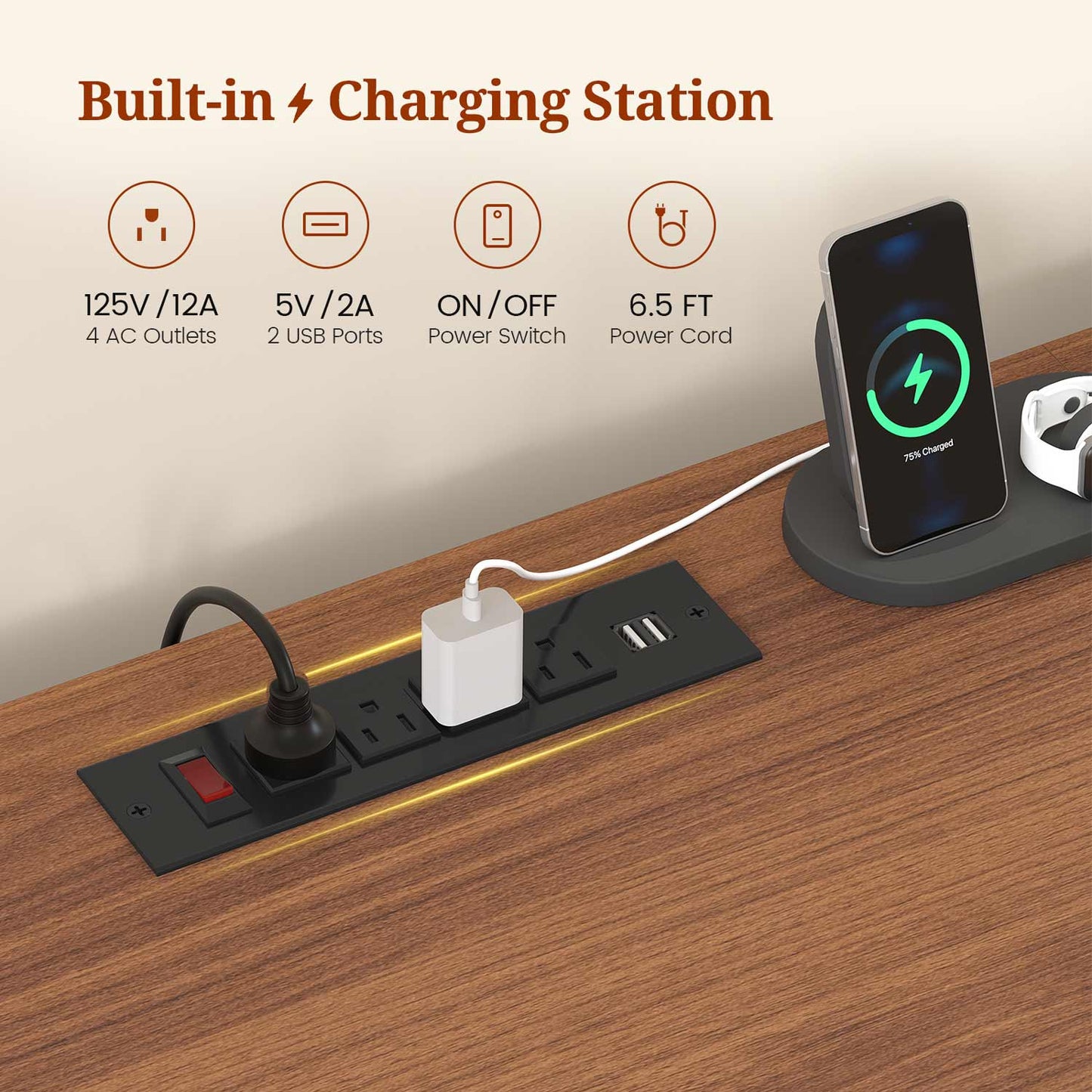 Two Person Computer Desk with LED Lights Power Outlet and Storage Black