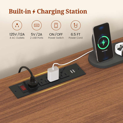 Two Person Computer Desk with LED Lights Power Outlet and Storage Black