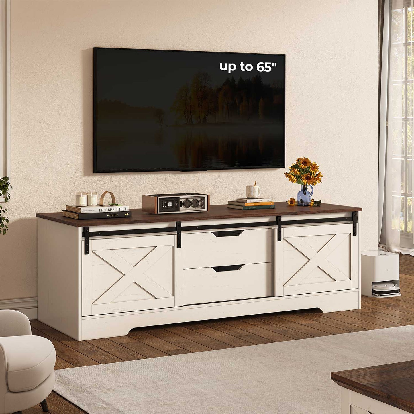 60“ Farmhouse Storage Bench with Cushion White Brown