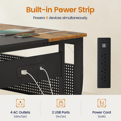 L-Shaped Executive Desk with Power Outlets & Storage Shelves Brown