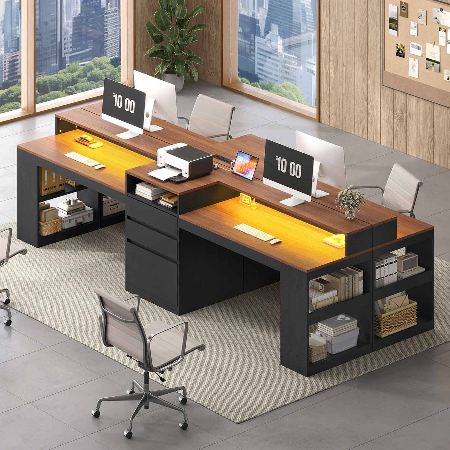 Two Person Computer Desk with LED Lights Power Outlet and Storage Black