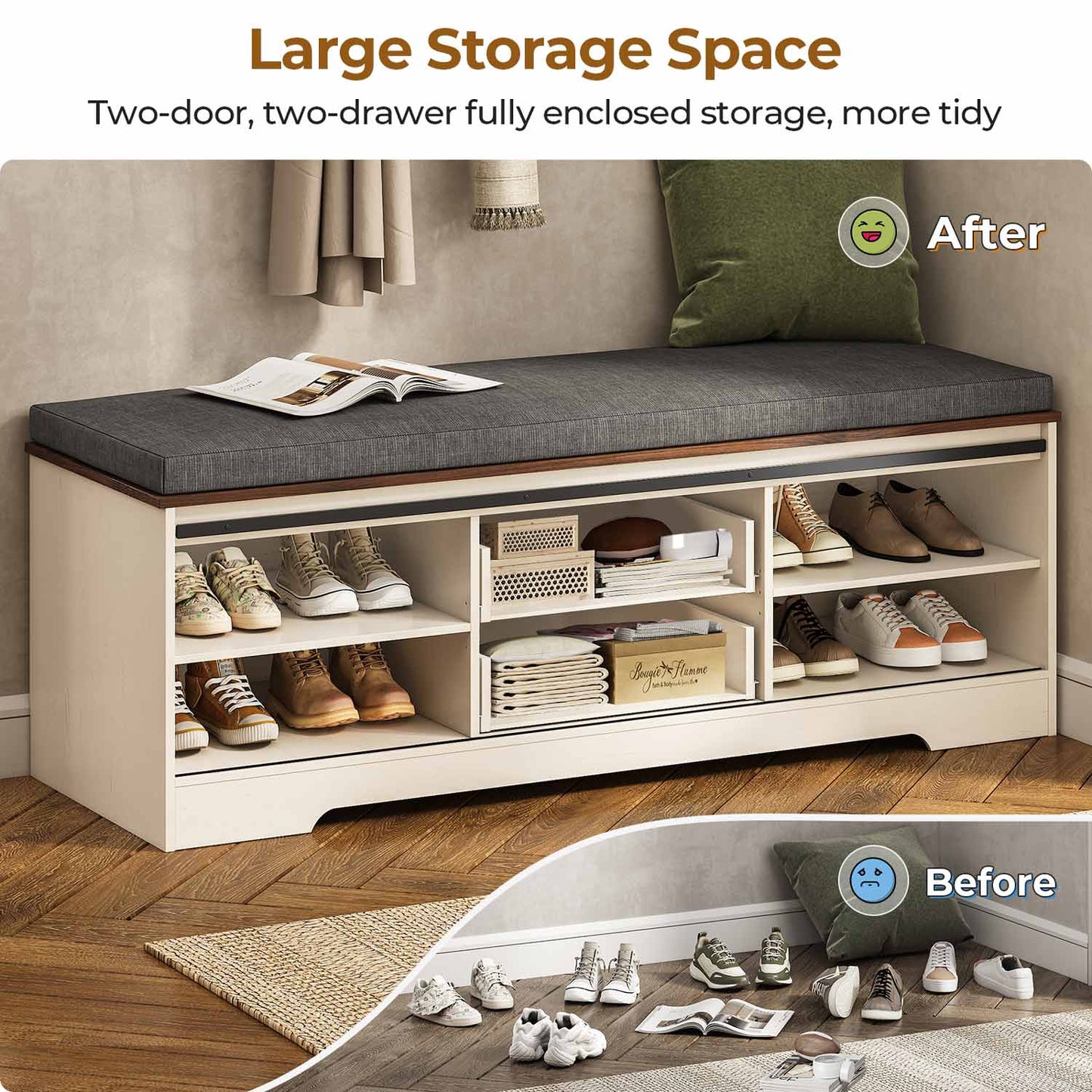60“ Farmhouse Storage Bench with Cushion White Brown