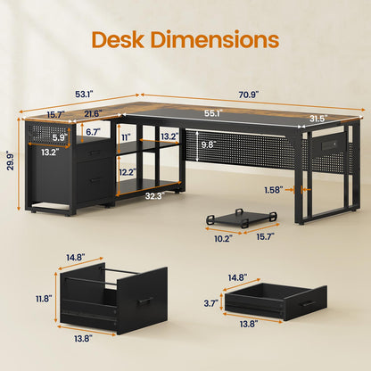 L-Shaped Executive Desk with Power Outlets & Storage Shelves Brown
