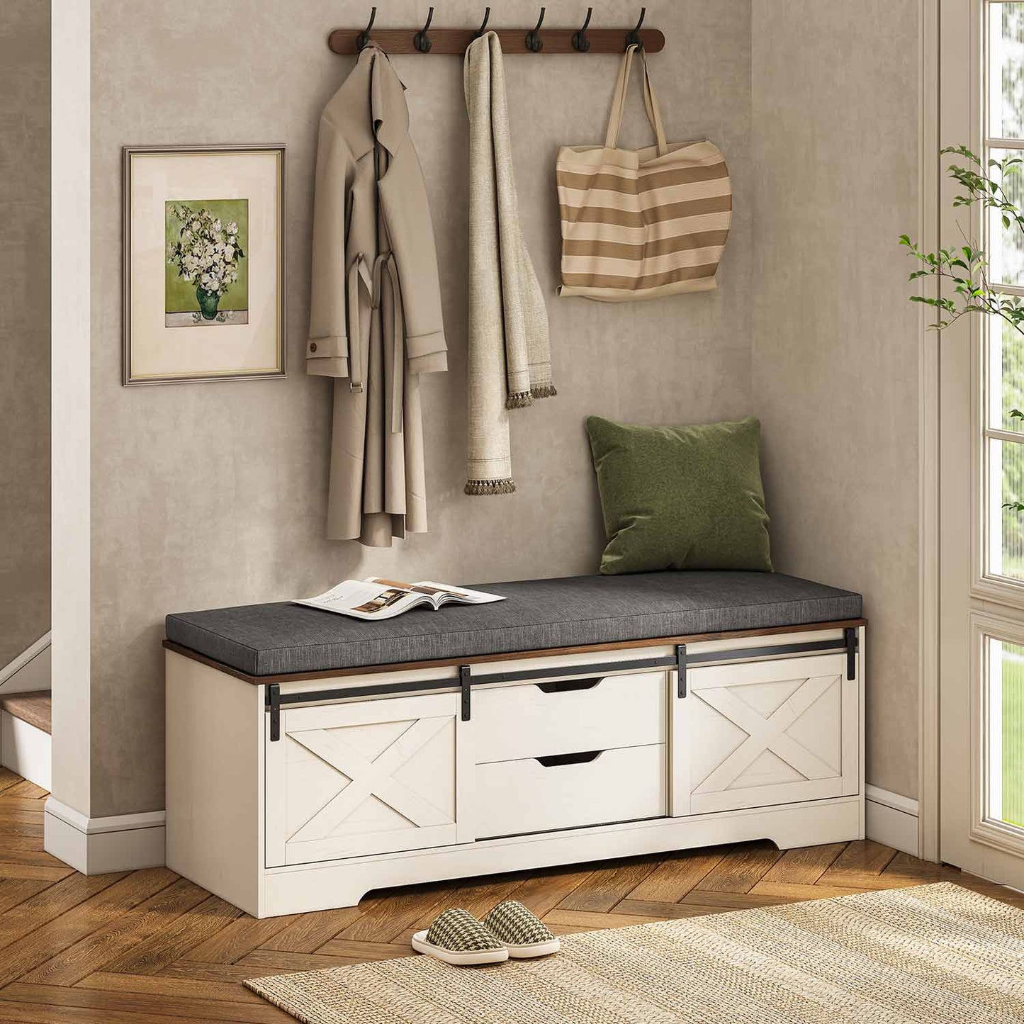 60“ Farmhouse Storage Bench with Cushion White Brown