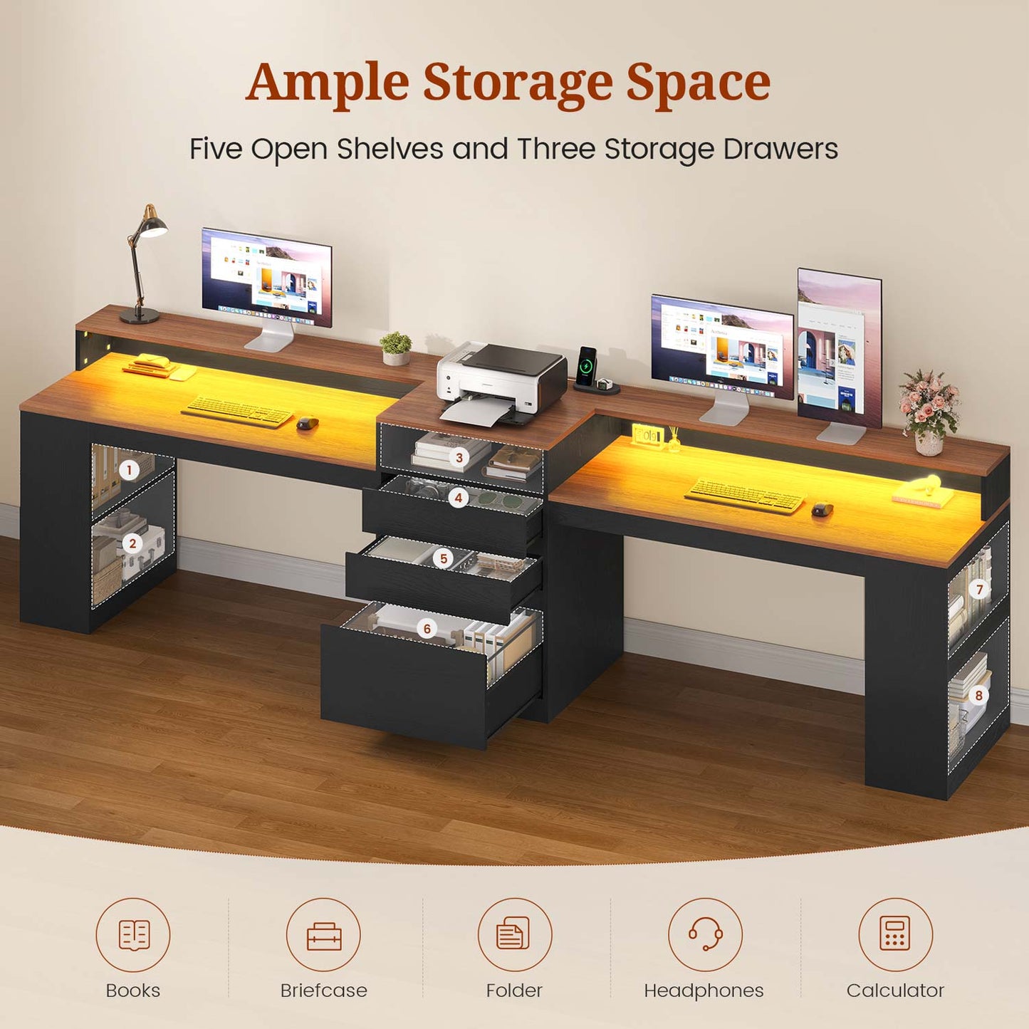 Two Person Computer Desk with LED Lights Power Outlet and Storage Black