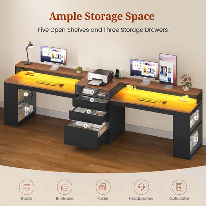 Two Person Computer Desk with LED Lights Power Outlet and Storage Black