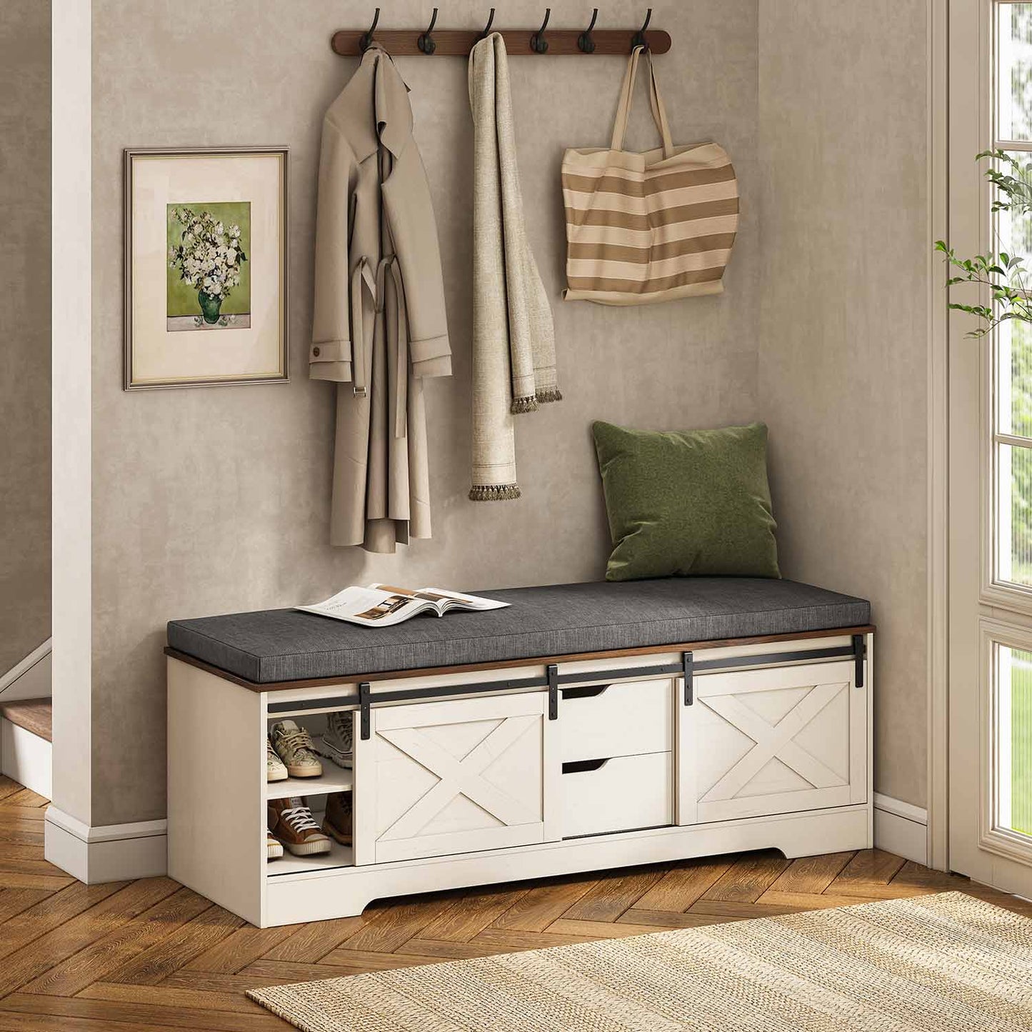 60“ Farmhouse Storage Bench with Cushion White Brown