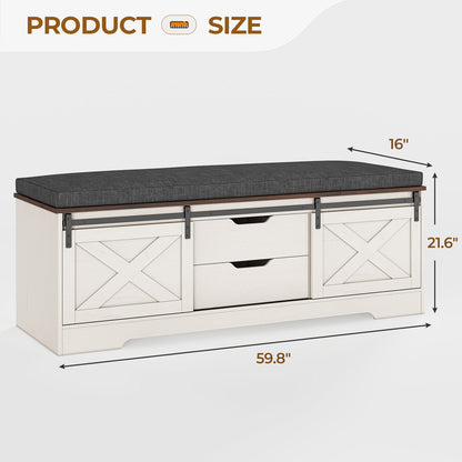60“ Farmhouse Storage Bench with Cushion White Brown