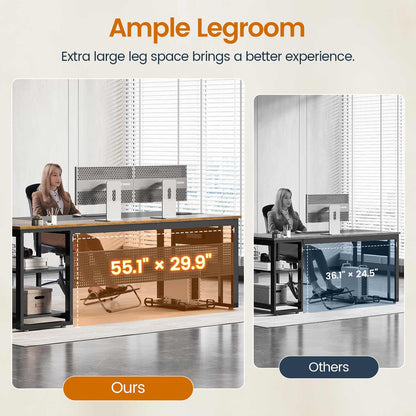 L-Shaped Executive Desk with Power Outlets & Storage Shelves Brown