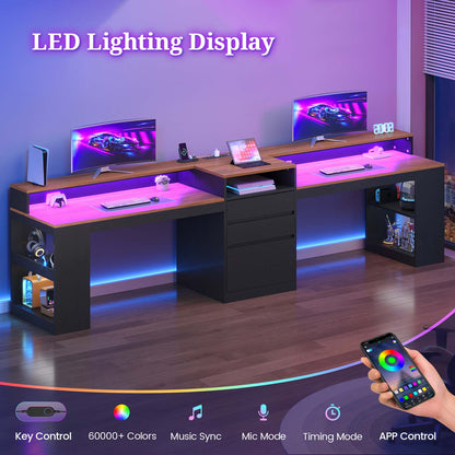 Two Person Computer Desk with LED Lights Power Outlet and Storage Black