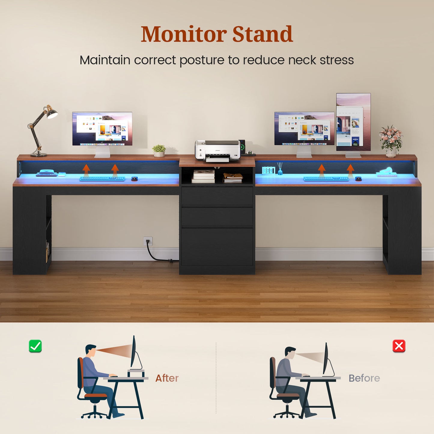 Two Person Computer Desk with LED Lights Power Outlet and Storage Black