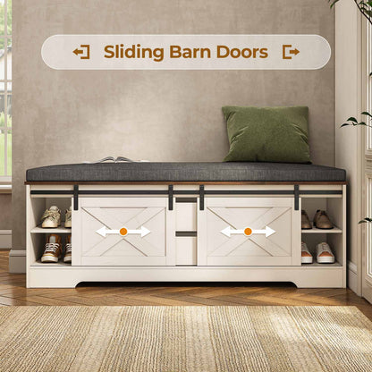 60“ Farmhouse Storage Bench with Cushion White Brown