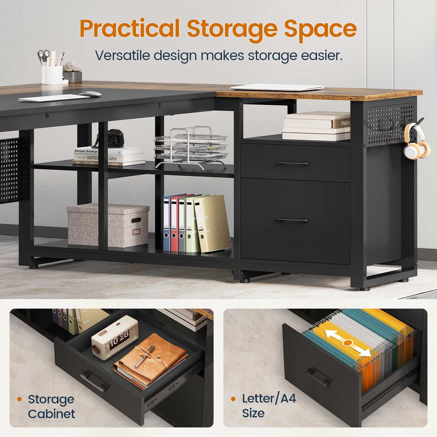L-Shaped Executive Desk with Power Outlets & Storage Shelves Brown