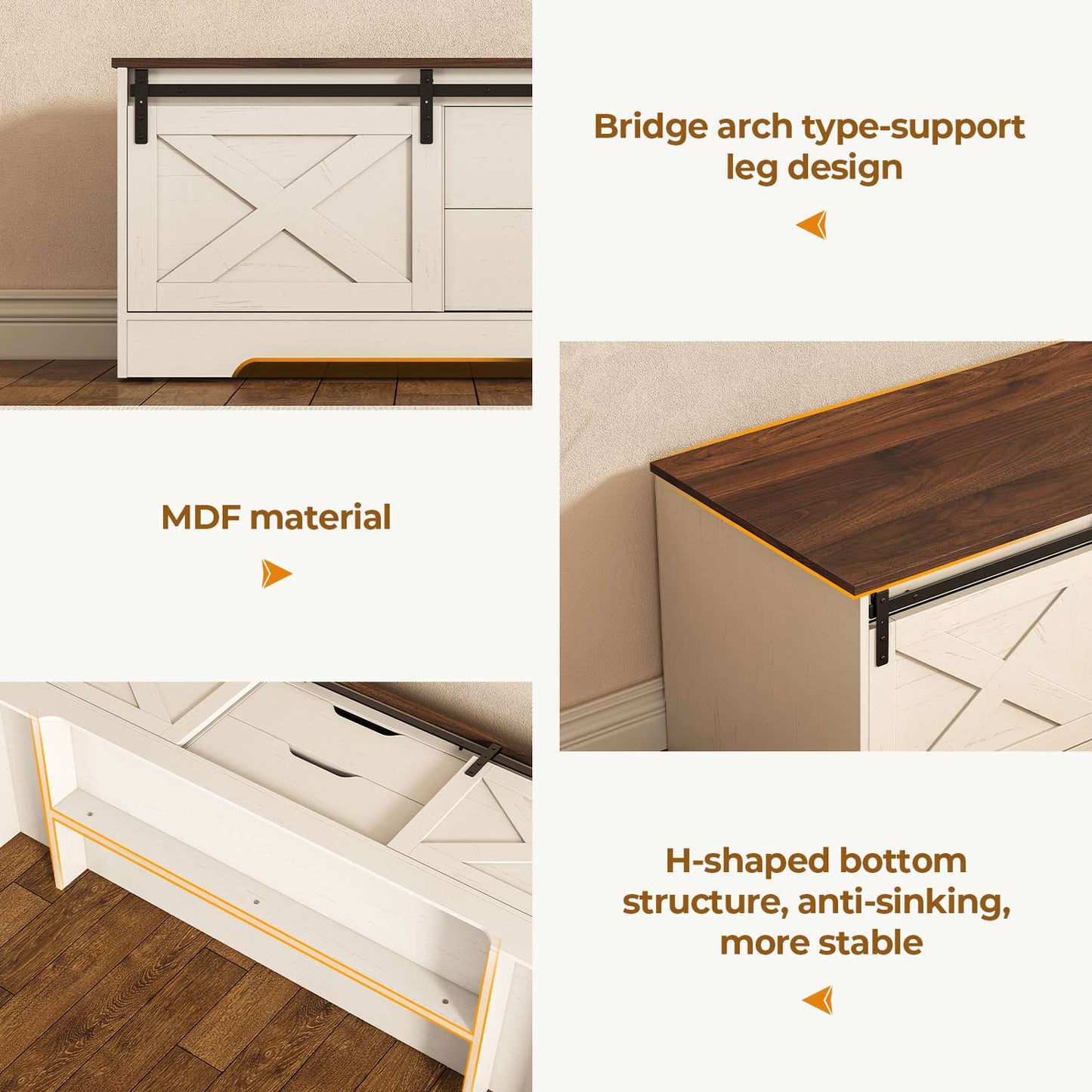 60“ Farmhouse Storage Bench with Cushion White Brown