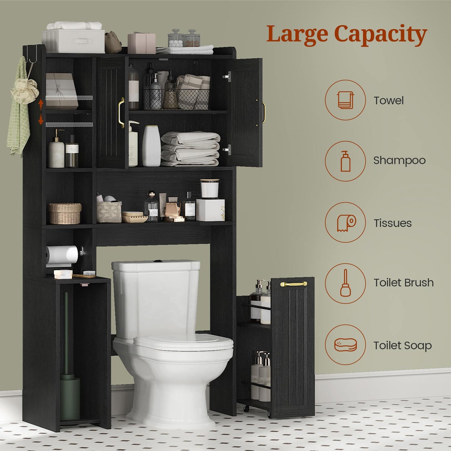 Over the Toilet Storage Cabinet with Adjustable Shelves Black