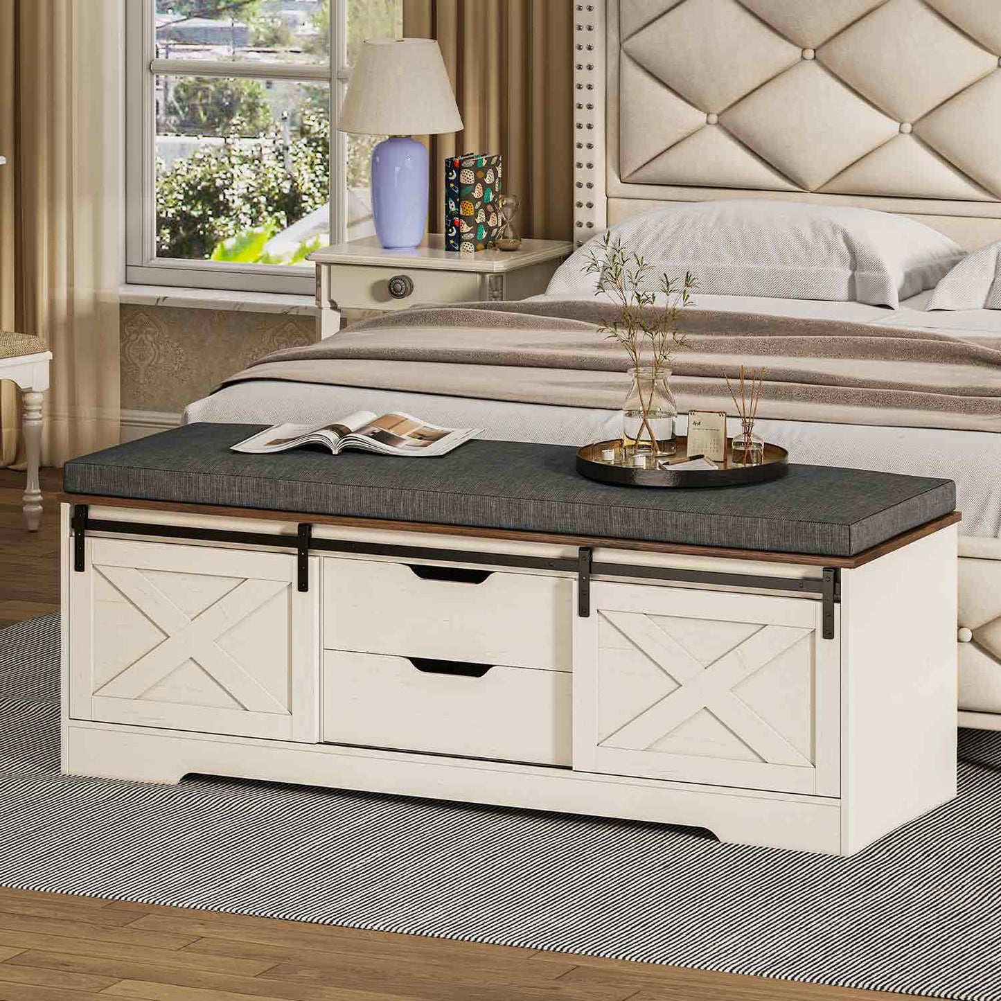 60“ Farmhouse Storage Bench with Cushion White Brown