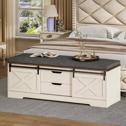 60“ Farmhouse Storage Bench with Cushion White Brown