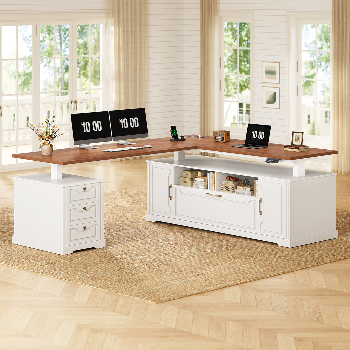 Electric Standing Desk with Storage Drawers and Cabinets White walnut