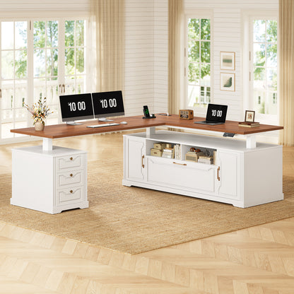 Electric Standing Desk with Storage Drawers and Cabinets White walnut