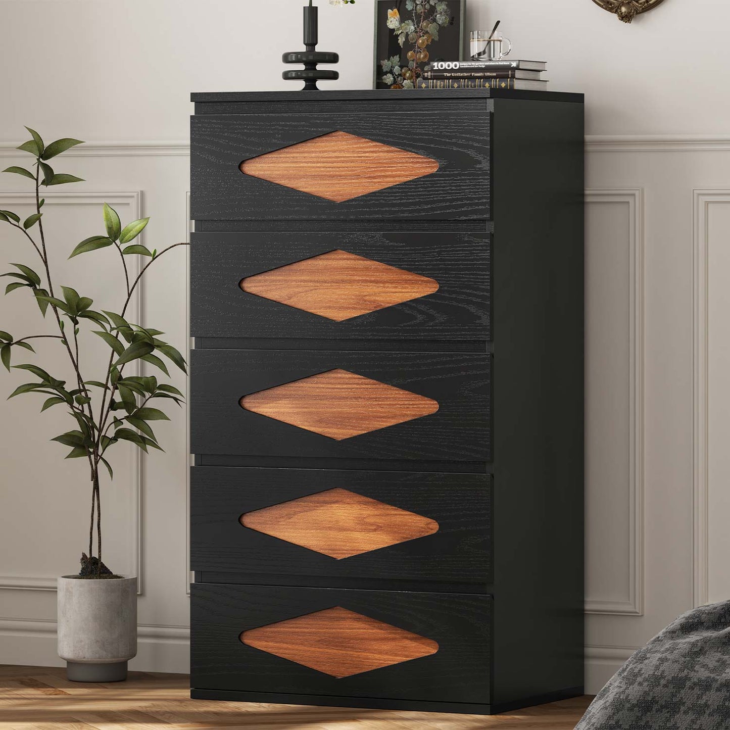 with 5 Chest of Wooden Drawers Closet Storage Dressers Organizer Black - Brown
