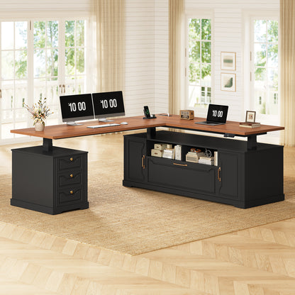 Electric Standing Desk with Storage Drawers and Cabinets Black walnut