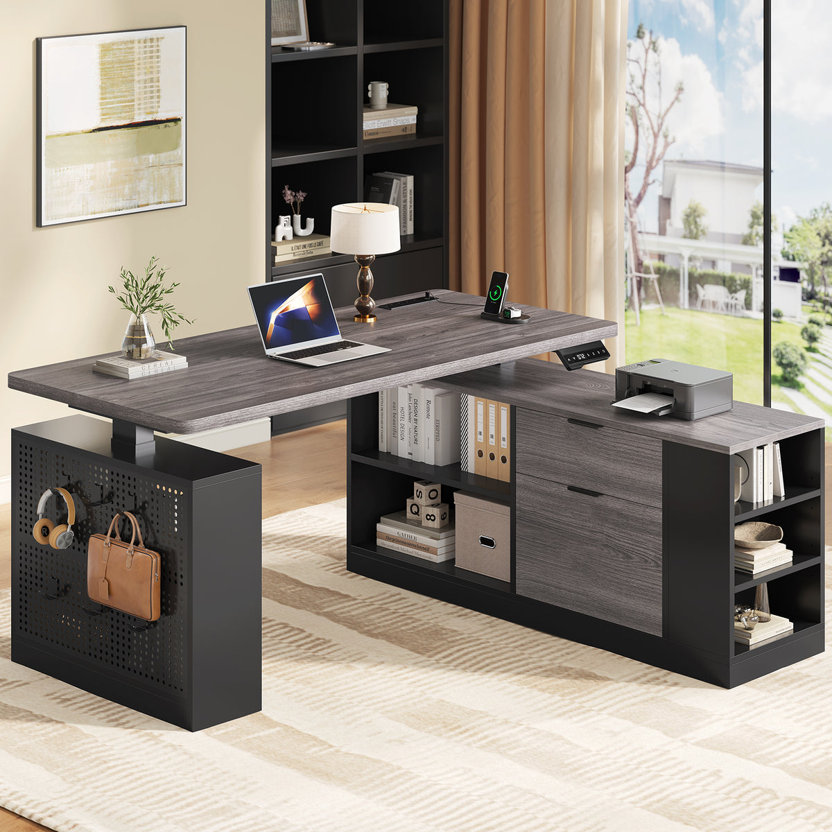 Electric L Shaped Standing Desk with Storage Shelves Black