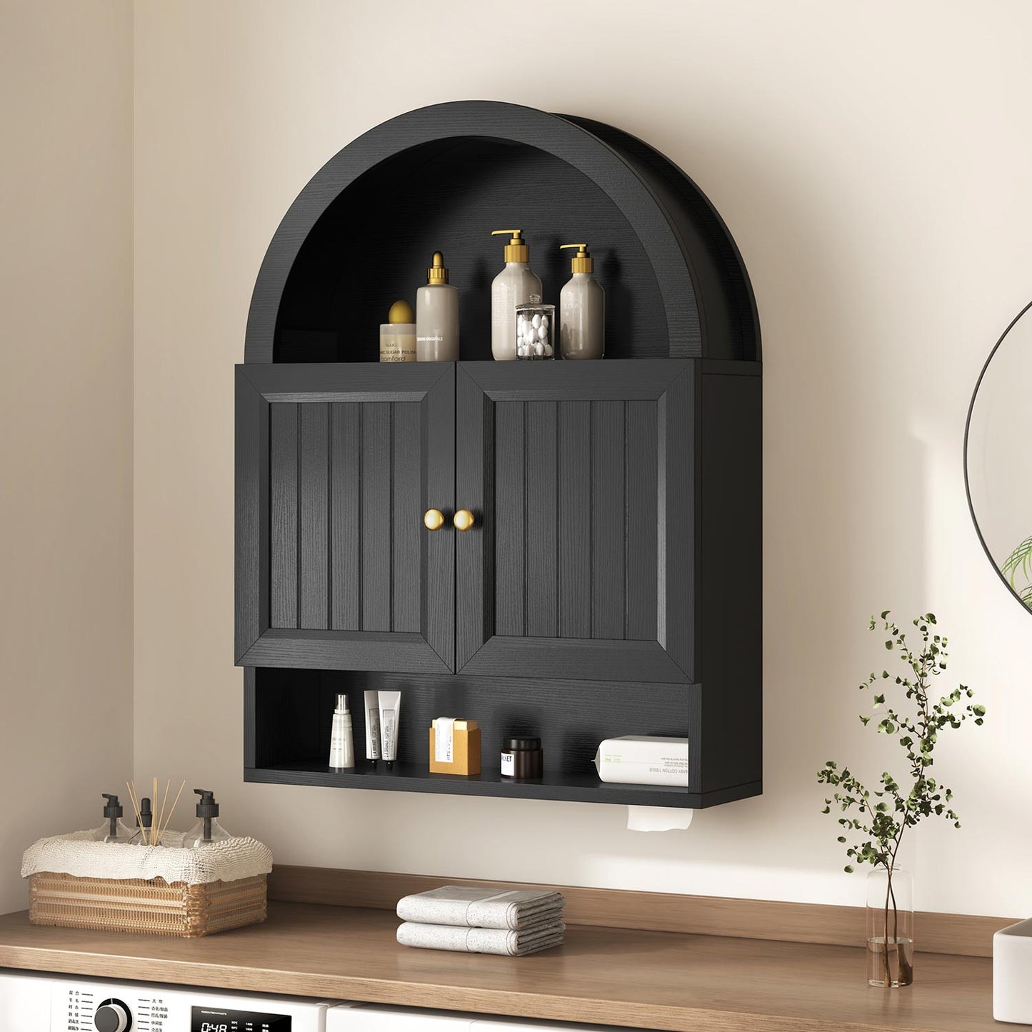 Arched Bathroom Wall Cabinet with Adjustable Shelves Black