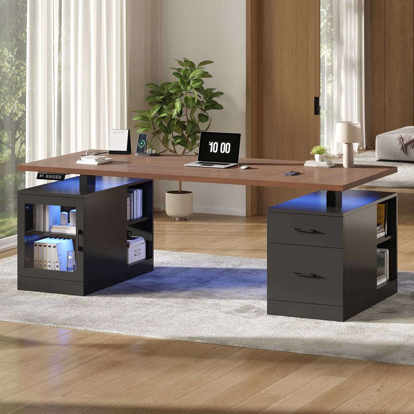 71" Electric Standing Desk with Drawers Glass Cabinet LED Walnut