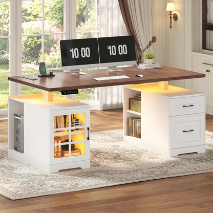 63" Farmhouse Electric Standing Desk with Glass Cabinet White