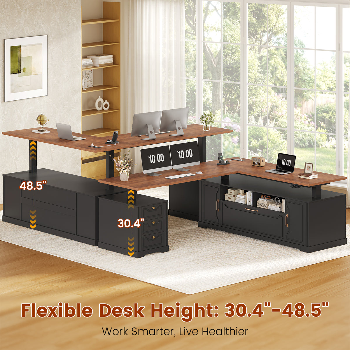 Electric Standing Desk with Storage Drawers and Cabinets Black walnut