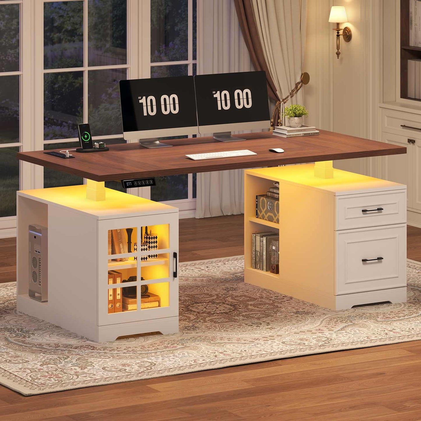 63" Farmhouse Electric Standing Desk with Glass Cabinet White