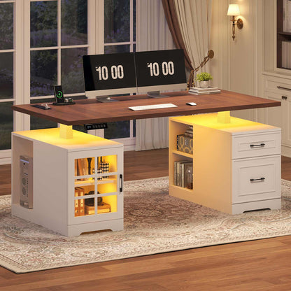 63" Farmhouse Electric Standing Desk with Glass Cabinet White