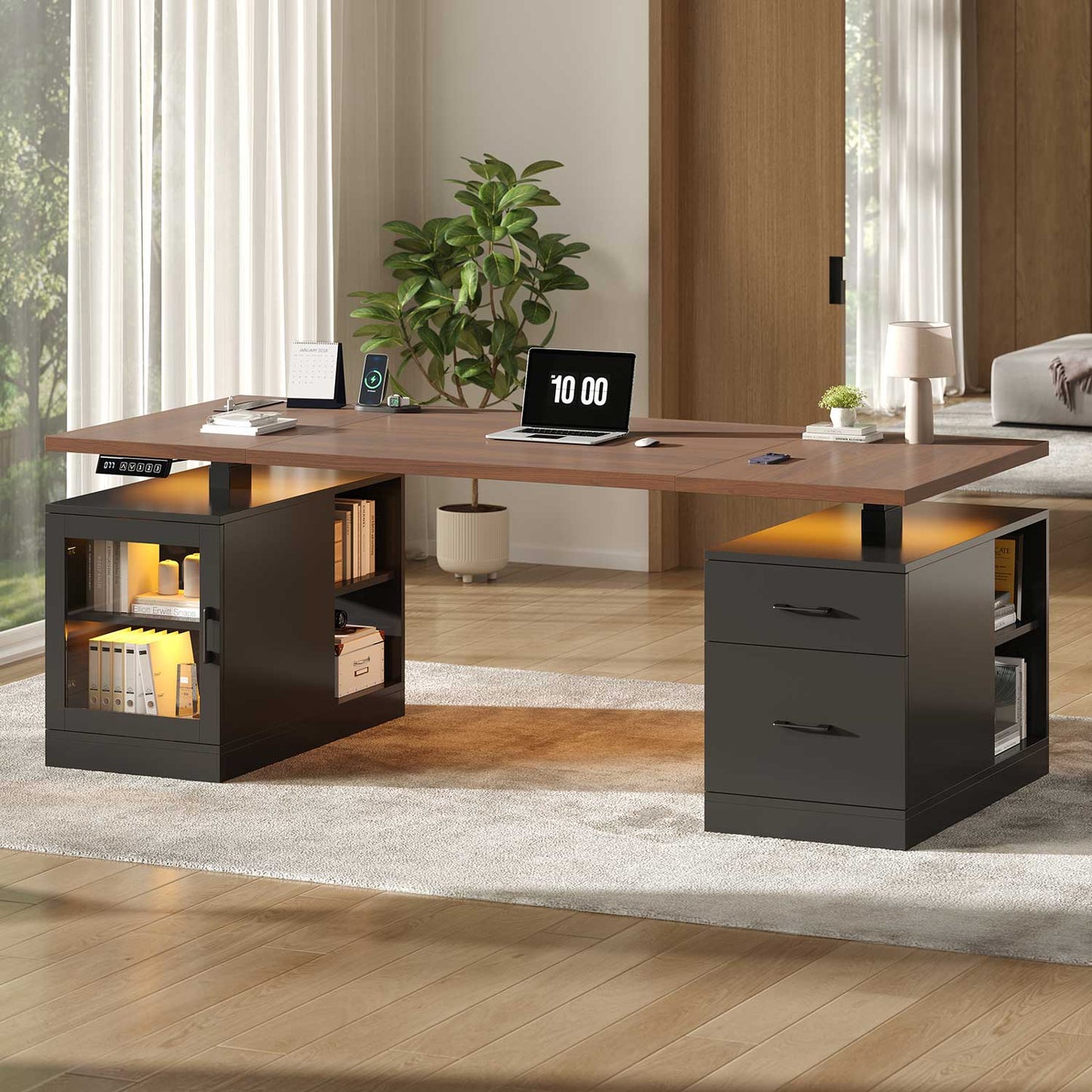 71" Electric Standing Desk with Drawers Glass Cabinet LED Walnut
