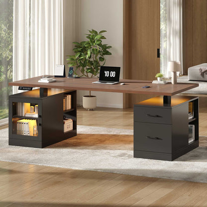 71" Electric Standing Desk with Drawers Glass Cabinet LED Walnut