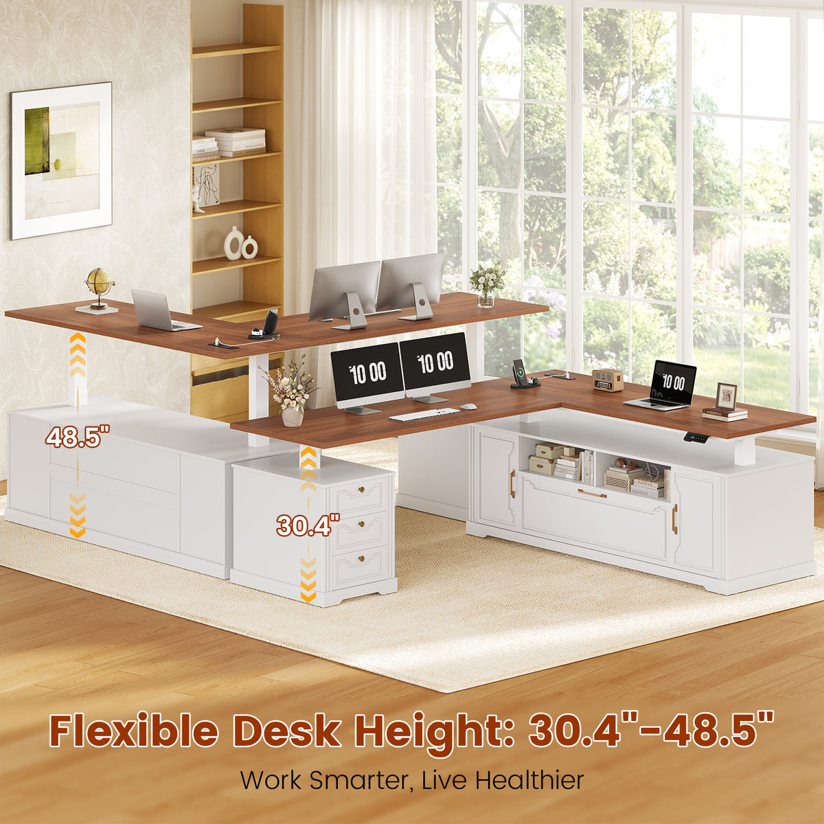 Electric Standing Desk with Storage Drawers and Cabinets White walnut