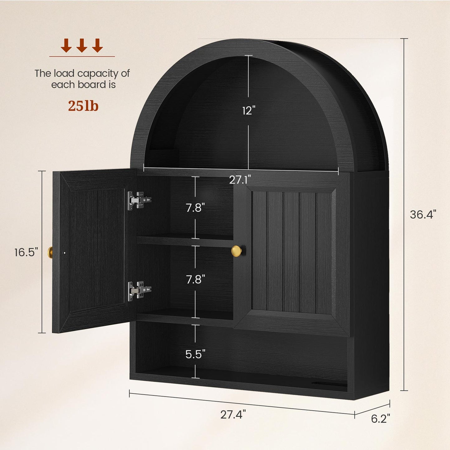 Arched Bathroom Wall Cabinet with Adjustable Shelves Black