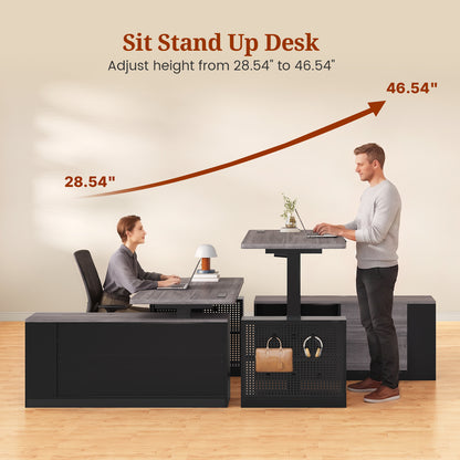 Electric L Shaped Standing Desk with Storage Shelves Black
