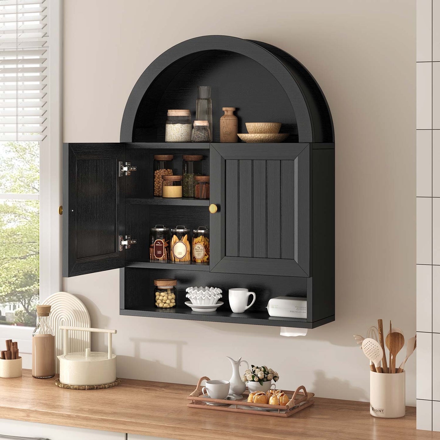 Arched Bathroom Wall Cabinet with Adjustable Shelves Black