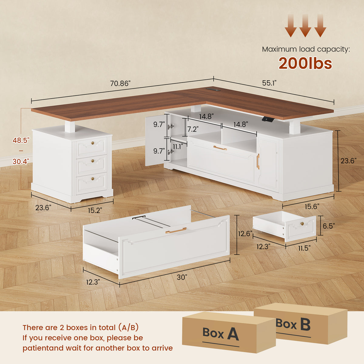 Electric Standing Desk with Storage Drawers and Cabinets White walnut