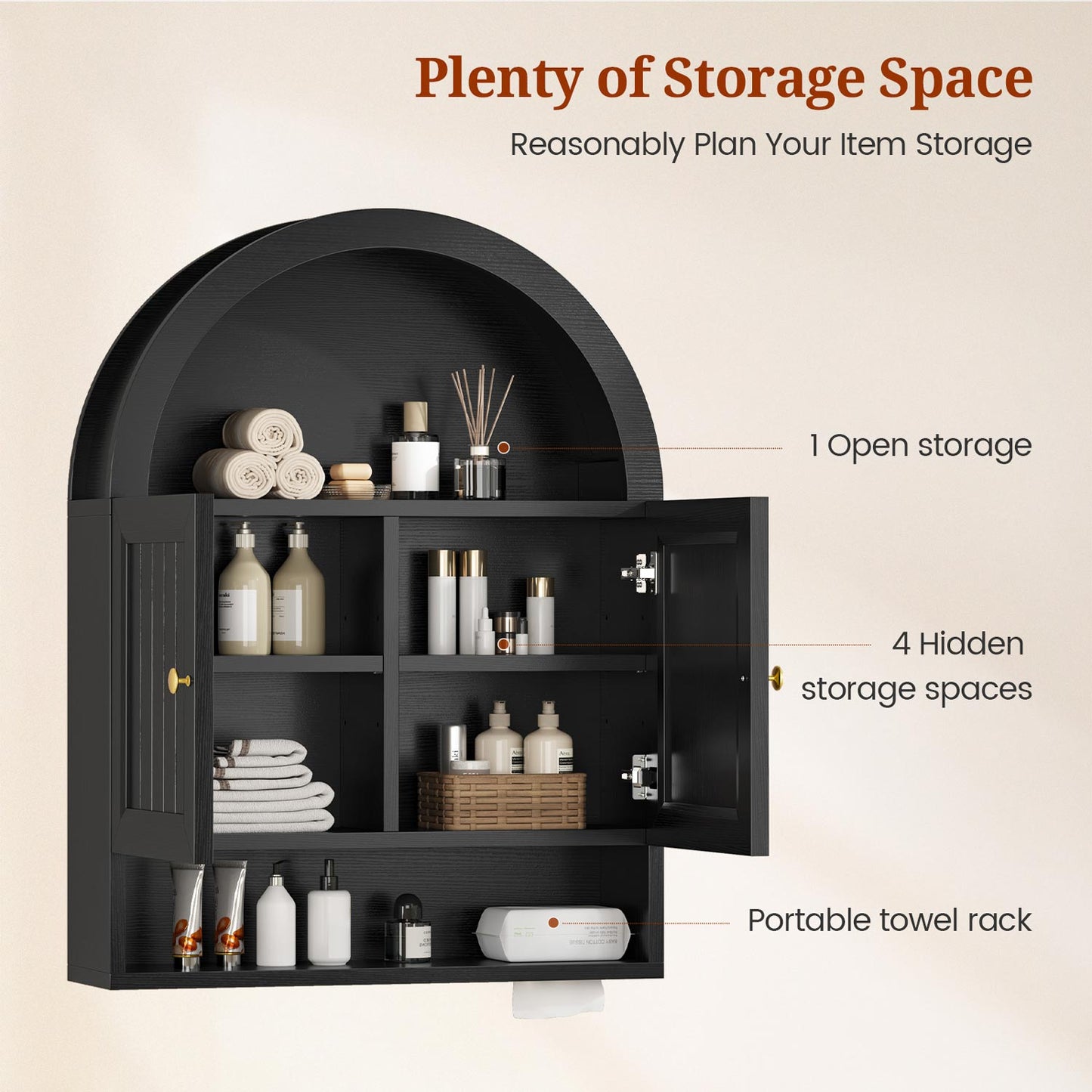 Arched Bathroom Wall Cabinet with Adjustable Shelves Black