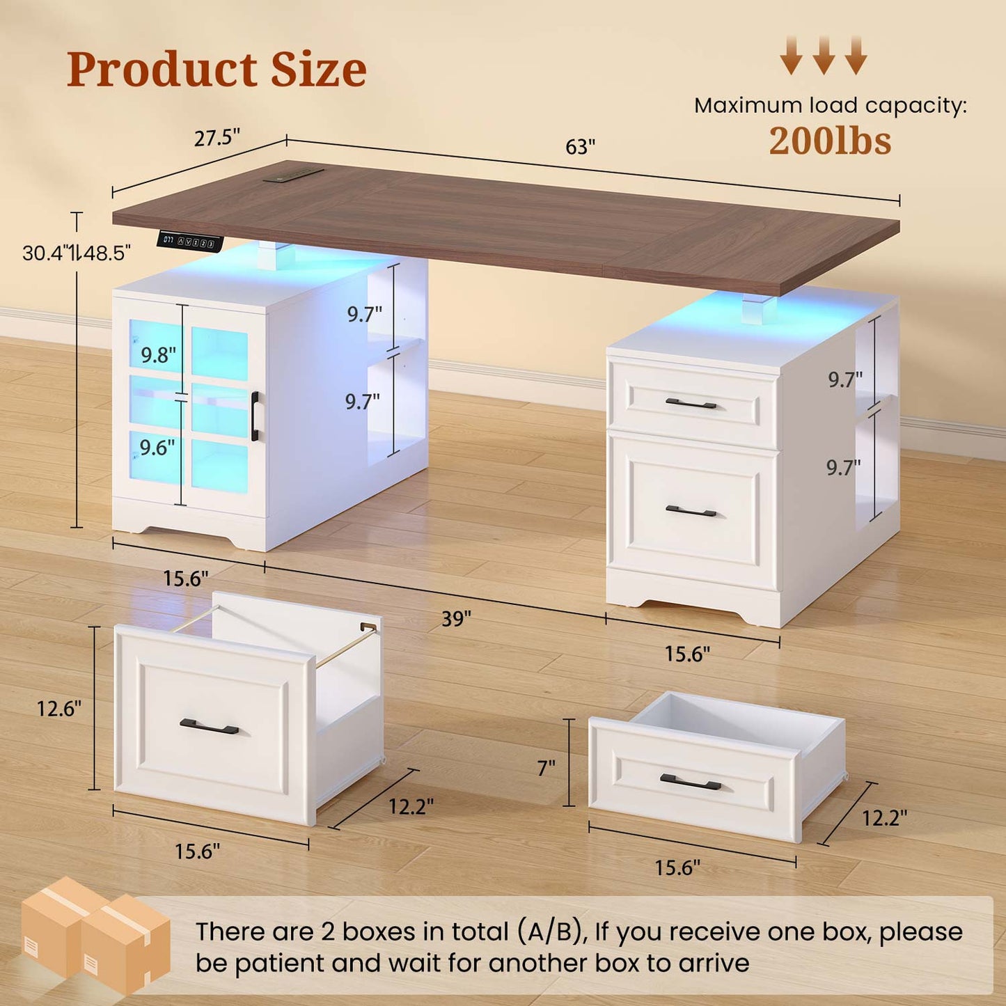 63" Farmhouse Electric Standing Desk with Glass Cabinet White
