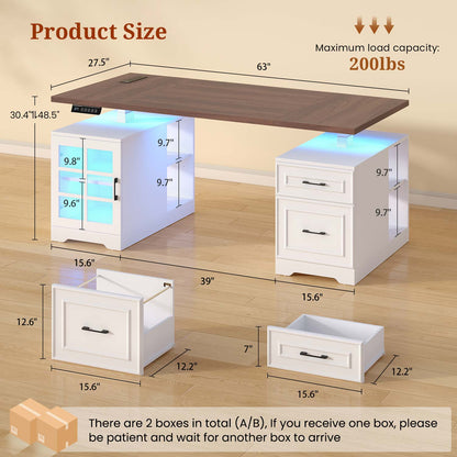 63" Farmhouse Electric Standing Desk with Glass Cabinet White