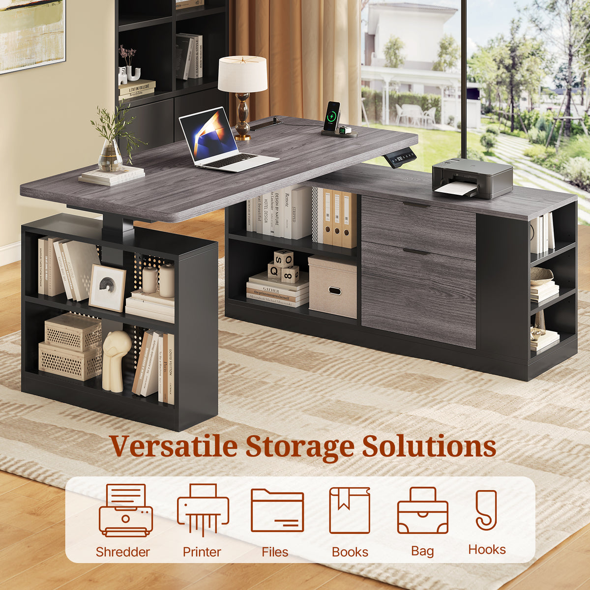 Electric L Shaped Standing Desk with Storage Shelves Black