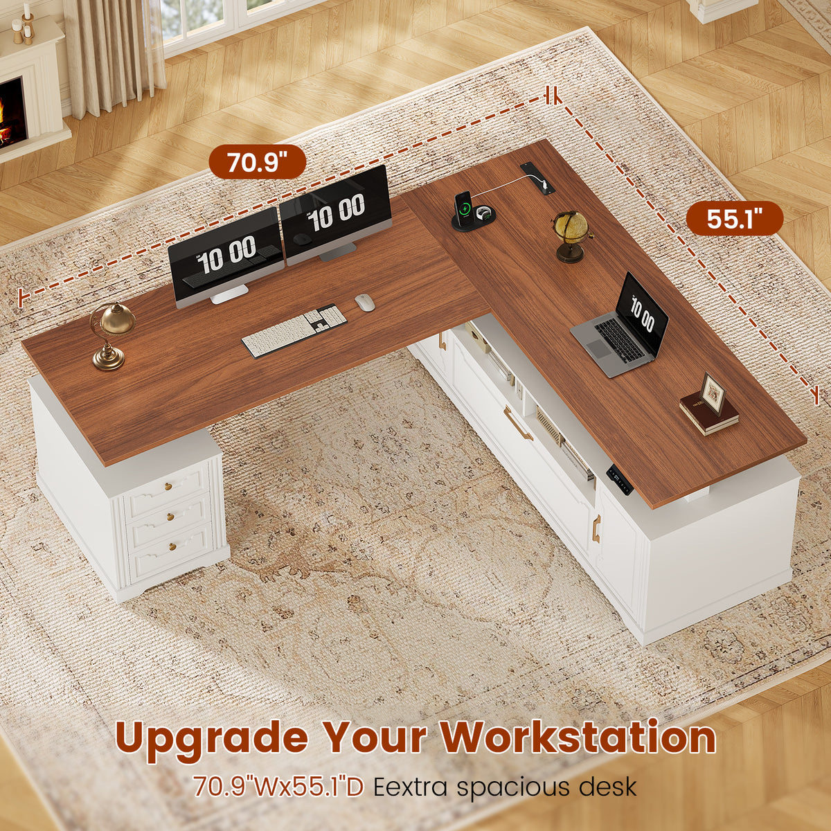 Electric Standing Desk with Storage Drawers and Cabinets White walnut