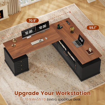 Electric Standing Desk with Storage Drawers and Cabinets Black walnut