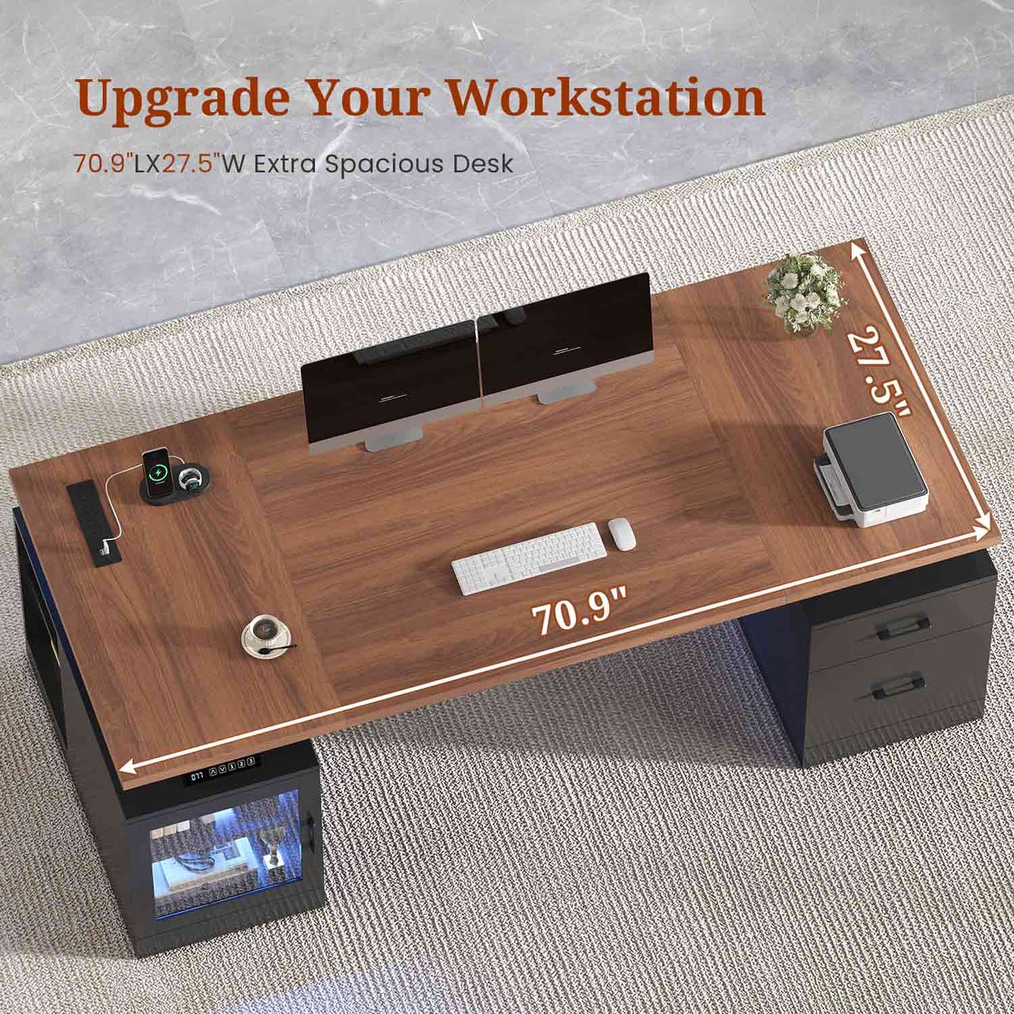 71" Electric Standing Desk with Drawers Glass Cabinet LED Walnut